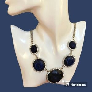 VTG Navy Blue Rhinestone Rimmed Circle Bib Holiday Chain Necklace